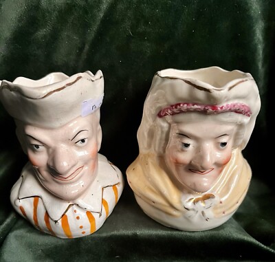 Ausgefallener antiker Staffordshire Punze und Judy Keramikkrüge gelber Schal