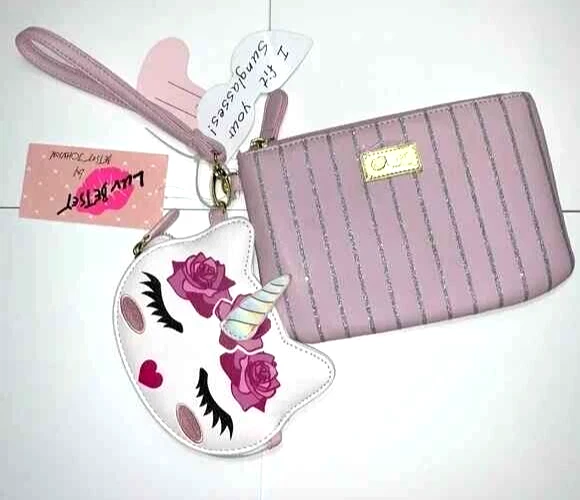 Luv Betsey Johnson Floral Rose Unicorn Cat Coin Purse Wristlet Pouch Bag Set NWT