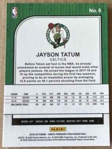 Jayson Tatum 2019-20 Panini NBA Hoops Card #6 NM-MT Condition - Bild 2 von 2