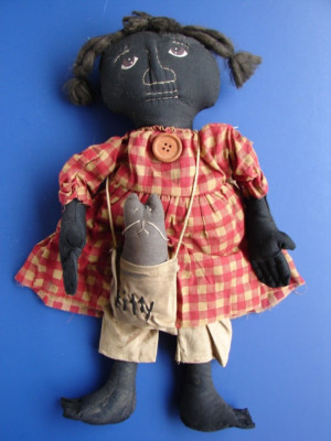 Vintage 16'' Primative Cute Distressed Ragdoll Cloth ponytail and Kitty Cat bag