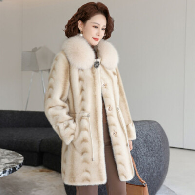 XL-5XL Women Winter Mink Fur Coat Faux Fur Mid Long Overcoat Faux Fox Fur  Collar