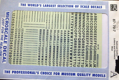 Microscale Decal #90107 Railroad Gothic Letters and Numbers - Blue - 1:87 Scale