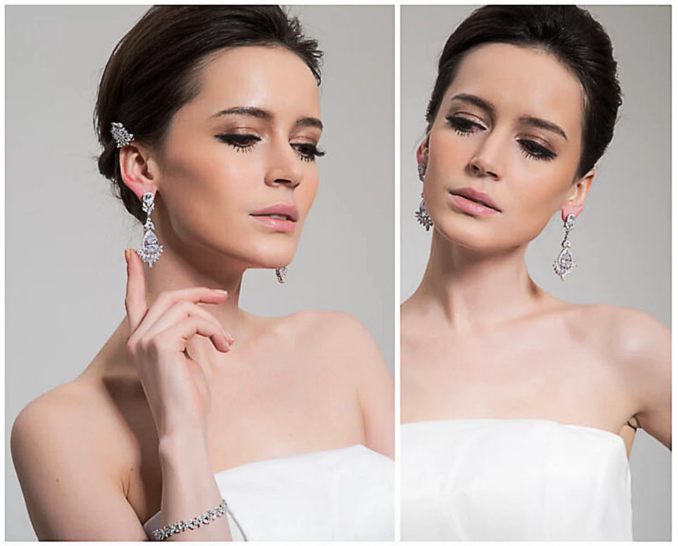 施华洛世奇元素水晶泪珠婚礼新娘吊灯CZ悬垂耳环 — 第 4/4 张图片