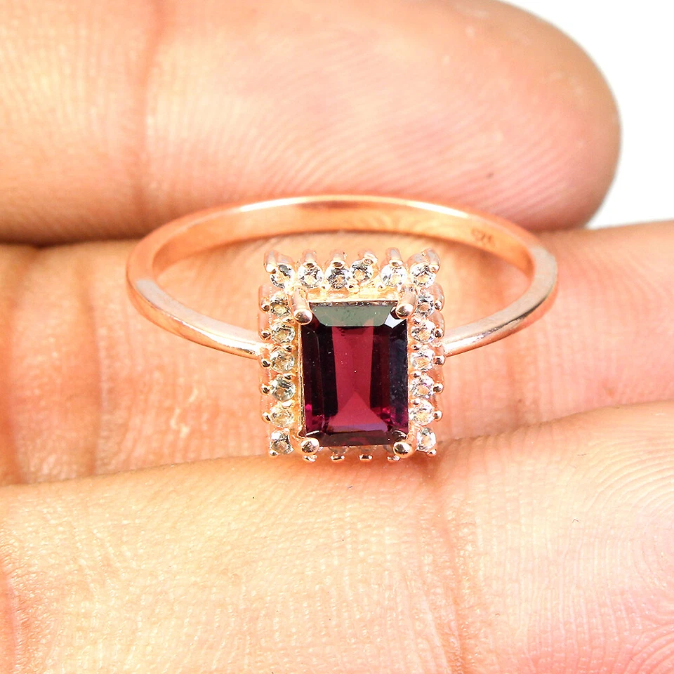 Anello In Argento Sterling 925 Ottagono Granato Rhodolite Gemma Topazio 7x5mm - Immagine 3 di 4