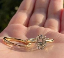 Lab Created Diamond 14K Yellow Gold Plated Wedding Bridal Ring Set Oval Cut 3Ct