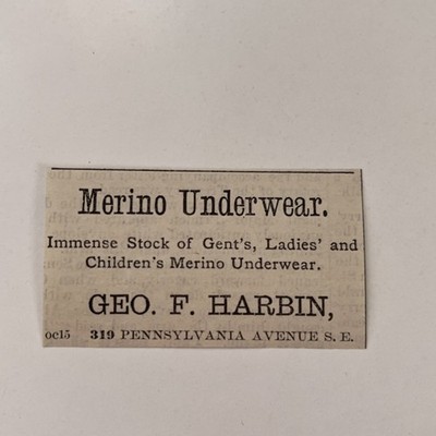 Geo F Harbin Merino Underwear Penna Ave SE 1881 Washington DC Clipping TAJ8-S34