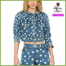 Alice Olivia Jeff Blue White Multi Floral Embroidered Denim Jacket MEDIUM