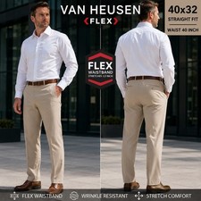Van Heusen Flex Straight Fit Dress Pants Tan Mens 40x32 Flat Front Chinos