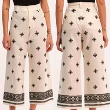 Elie Tahari Women  s Linen Blend Embroidered Wide Leg Cropped Pants Boho Cream 6