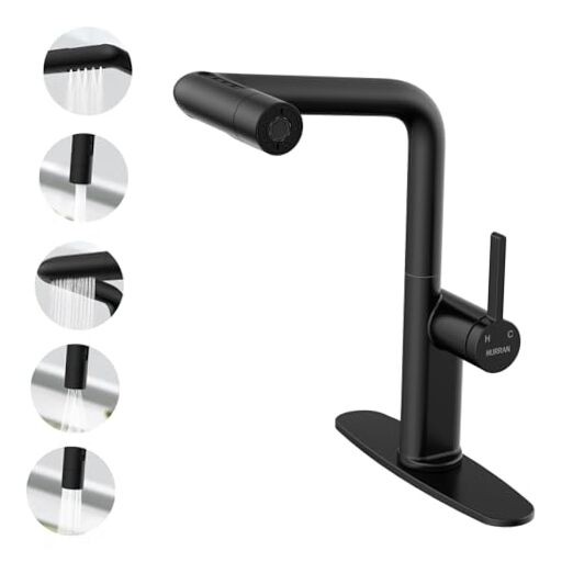 Matte Black Pull-Down Sprayer Kitchen Faucet with Waterfall Spout