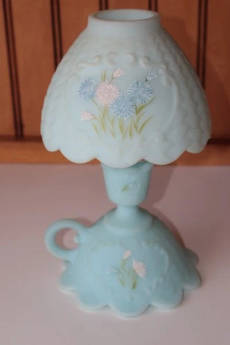 Fenton Fairy Lamp "Frosted Asters On Blue Satin" 3pc Hand-painted Signed George