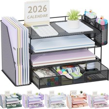 4-Tier Desk Organizer with File Holder, Drawer & 2 Pen Holders - Office Supplies