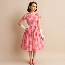 1950s Retro Vintage Pink Floral Garden Betty Dress Cottage Romantic SMALL