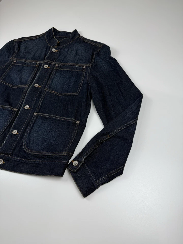 John Varvatos Men’s Denim Jacket Distressed Button Up Moto Band Collar Medium - Image 3 of 4