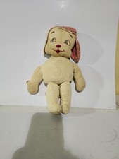 Vintage Stuffed Animal Dog Toy - Cream Fabric with Red Checkered Detail