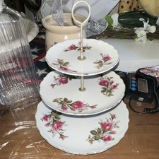 Floral Porcelain 3-Tier Round Cake Stand with Pink Rose Pattern, Glossy Finish