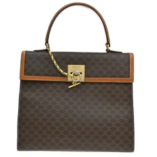 CELINE Logo Macadam Pattern Hand Bag PVC Leather Brown Gold Italy 35FB609