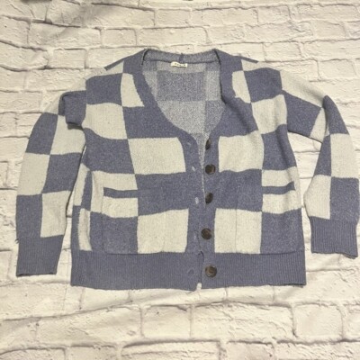 KORI Checkered Cardigan Sweater Knit Button Up Cozy Blue White Small