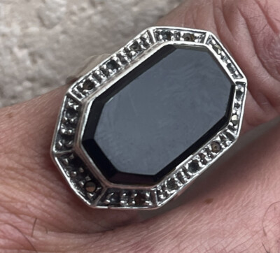 Bague ancienne Marquise en argent sertie onyx noir octogonal