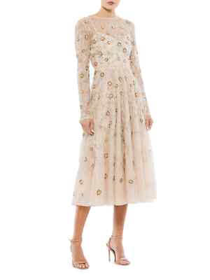 Mac Duggal Tan Long-Sleeve Embellished Floral Midi-Dress Size 6 $398 | eBay