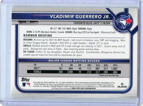 2022 Bowman Vladimir Guerrero Jr Toronto Blue Jays #54 ππ³π₯MINT - Picture 2 of 2