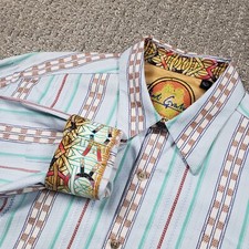 Robert Graham Shirt Mens XL Blue Jacquard Embroidered Flip Cuff Striped Geo