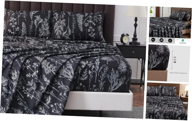 Black Sheets,Deep Pocket Sheets, 1800 Thread Count Pattrn Bed Queen Grey Black