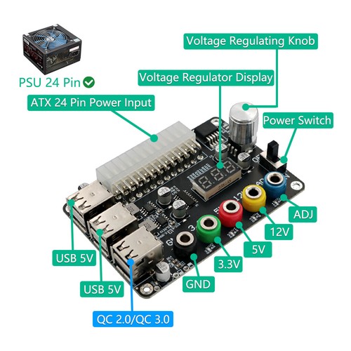 24 Pins ATX Power Supply Breakout Board Acrylic Case Kit Support 3.3V/5V/12V - Picture 2 of 6