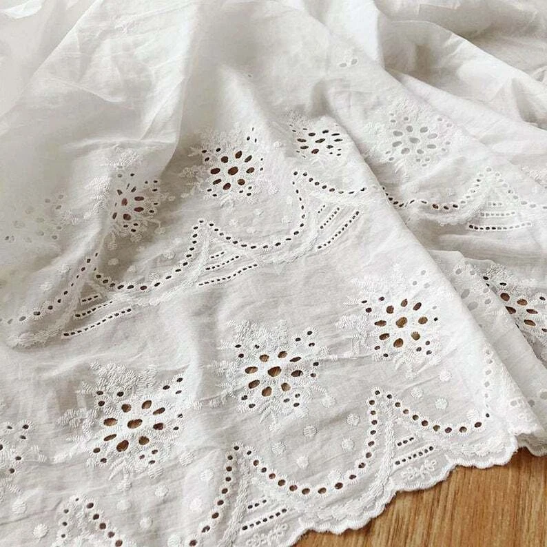 White Cotton Fabric With Embroidered Flower, Eyelet Embroidery