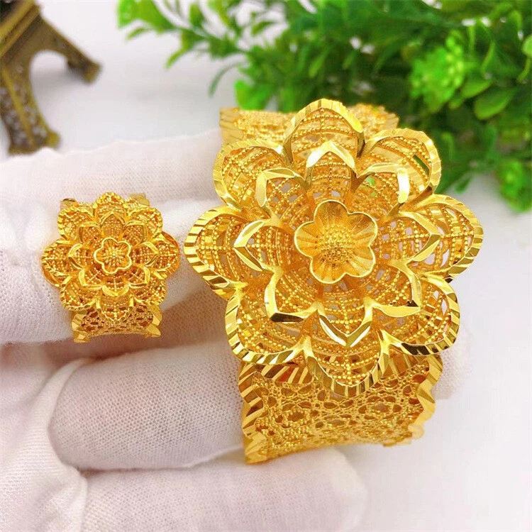 Generous 24K Yellow Gold Plated Big Flower Women's Open Up Bracelet Rings  Set | eBay