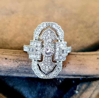 Art Deco Stil Ring, Messing 925 versilbert mit Zirkonia Neu alle Größen vorh. !!