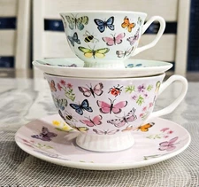 Harvest Green Studio Set of 2 Cups & Saucers Mom & Child Flowers & Butterflies