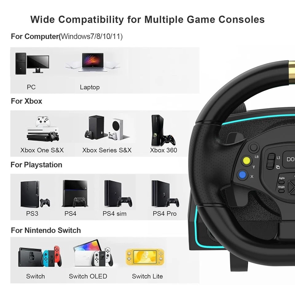 DOYO Gaming Racing Steering Wheel Pedals Shifter For PC PS4 PS3 Xbox Series X/S - Image 2 of 4