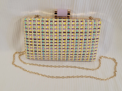 Paco Martinez Pastel Tweed Cross Body Clutch Gold Chain Gold and Suede Clasp NEW
