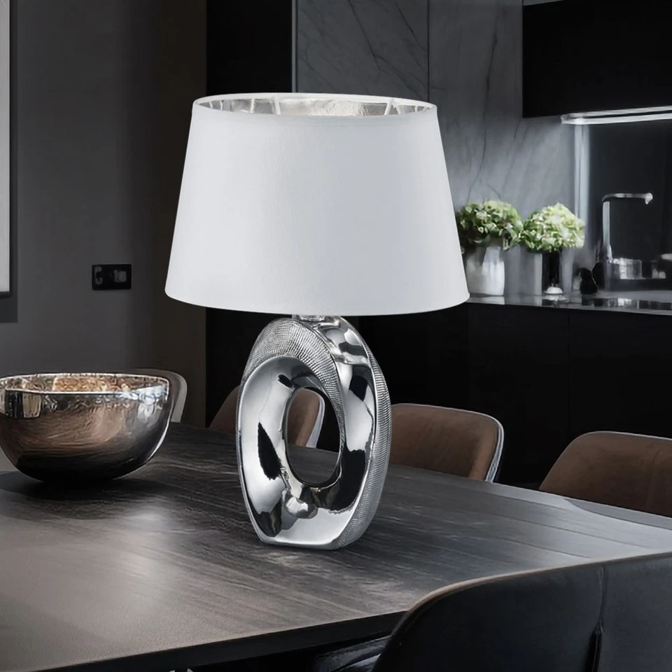 Lampada LED Tessuto Soggiorno Ceramica Scrittura Notte Tavolo Argento-Bianco - Immagine 4 di 4