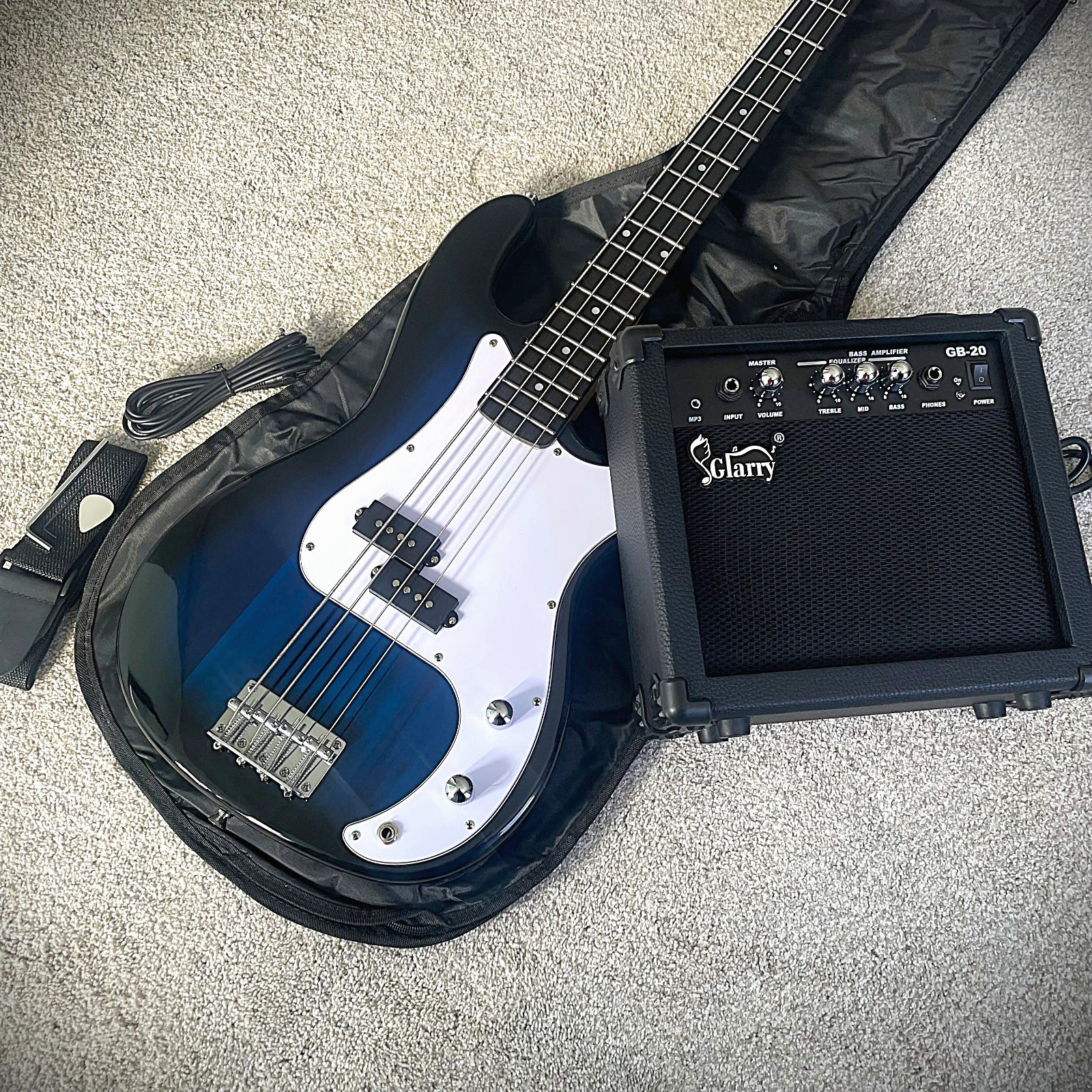 Full-Size Blue Electric Bass Guitar Starter Package with 20w Amp and Accessories