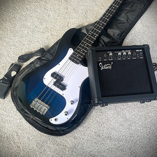 Full-Size Blue Electric Bass Guitar Starter Package with 20w Amp and Accessories