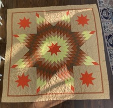 Contemporary Lone Star Quilt With Elevated Stars 82 X 79 Orange, Yellow Brown