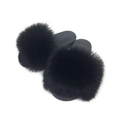 Women's Faux Fur Slides Slippers Fluffy Fuzzy Sandals Open Toe Furry 9 Black