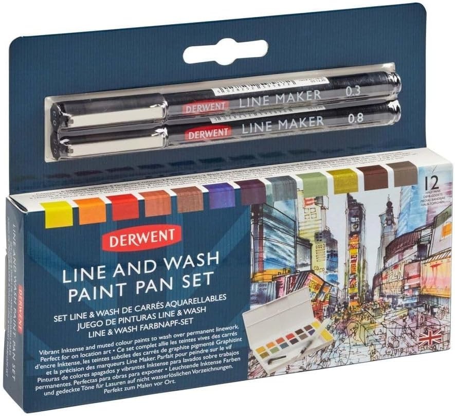 NEW ⭐️ 12 Derwent Inktense Paint Pan Line and Wash Maker Pens 0.3mm 0.8mm Set