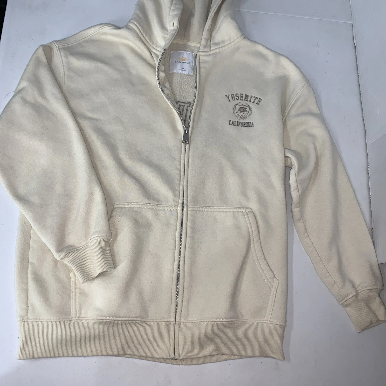 OFF WHITE Felpa donna Lazy Sunday panna con cappuccio ricamata Yosemite California XS full zip