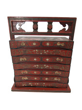 Chinese Decorated Red Lacquer Stacking Storage Boxes on Stand Height 18 in