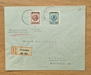 Memel. Lithuanian Occupation. 1923 Registered Cover from Stonischken to Tilsit