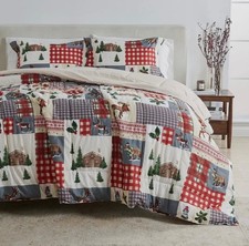 Premium Microfiber Christmas Comforter Set Queen Holiday Lodge 3 Piece