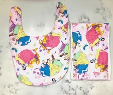 Infant Bib and Burp Cloth Set Disney Princess Handmade Snap Close
