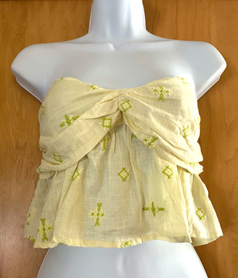 ZERO IN ON EMBROIDERED YELLOW 100% COTTON SMOCKED SLEEVELESS BABYDOLL CROP TOP M
