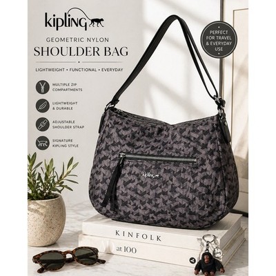 Kipling Sadie Expandable Gray Geometric Shoulder Bag Nylon Zip Crossbody Y2K