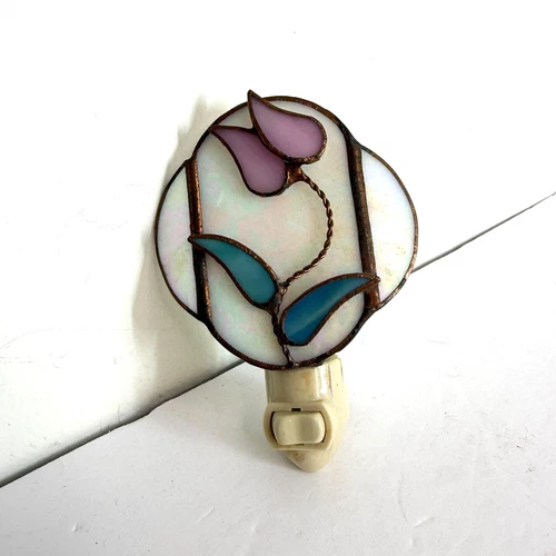 Vintage Stained Pearl Glass Tulip Flower Plug In Night Light Copper Tone Metal