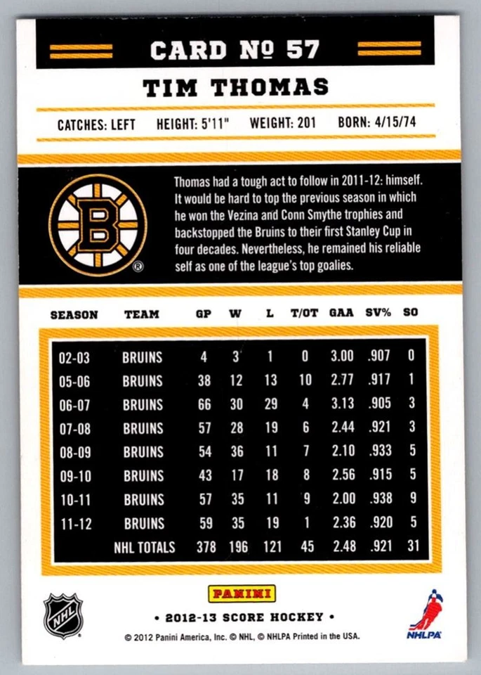 2012-13 Score Gold Rush Tim Thomas Boston Bruins #57 - Image 2 of 2