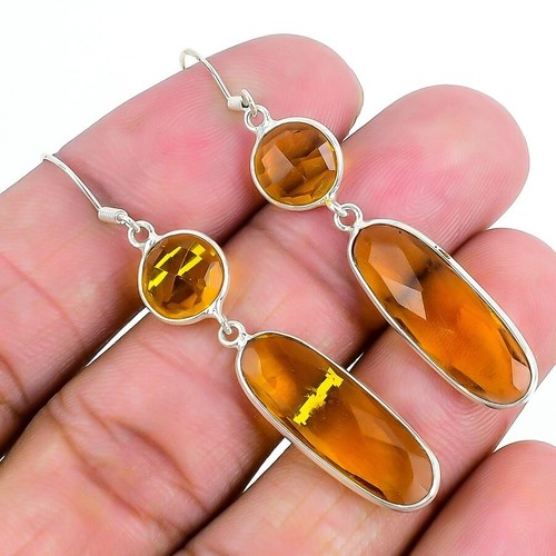 Natural Citrine Treated Wedding Drop Dangle Wife Hook Earrings Sterling Silver